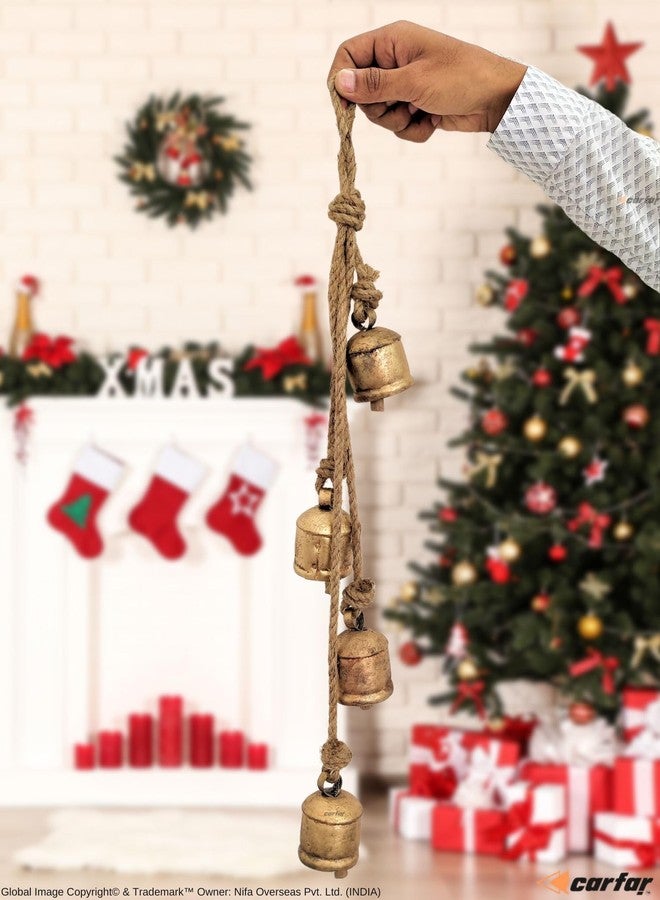 Carfar Set of 4 Small Rustic Gold Cow Bells - Cluster Hanging Décor with Jute Rope for Farmhouse, Garden, and Holiday Decorations-3 Inches - Image 2